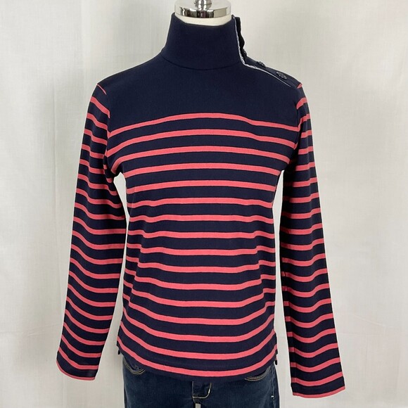 J.Crew Striped Knit Pullover Button Shoulder Navy & Pink Mockneck Sz XXS NWT - Picture 1 of 6
